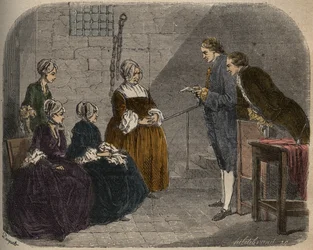 Mevrouw Calas, met haar twee dochters, luistert naar het vonnis van het proces van haar man, Jean, illustratie uit Causes célèbres de tous les peuples, door Armand Fouquier, 1858-67